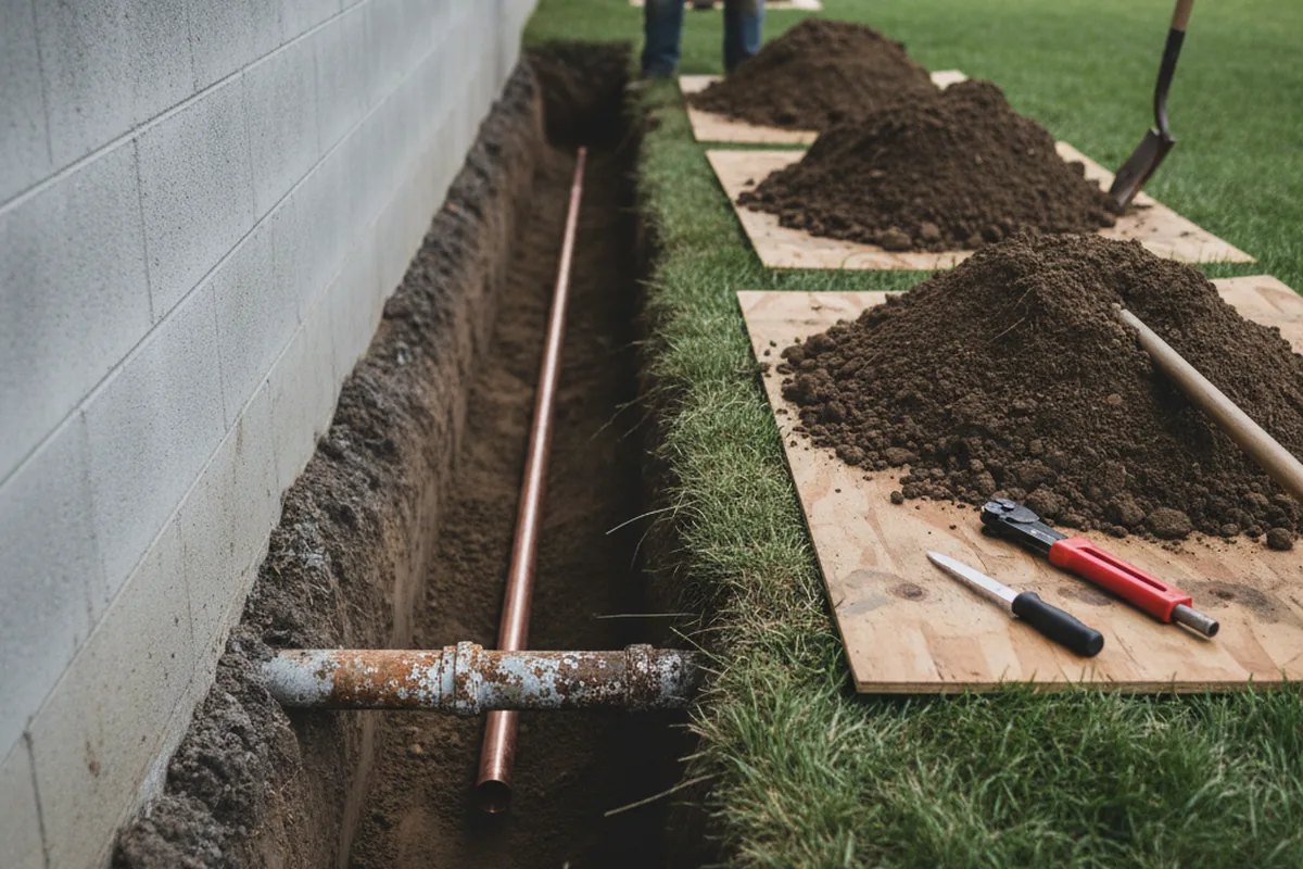 Excavated water line trench during Sewer Line Repair in Bally